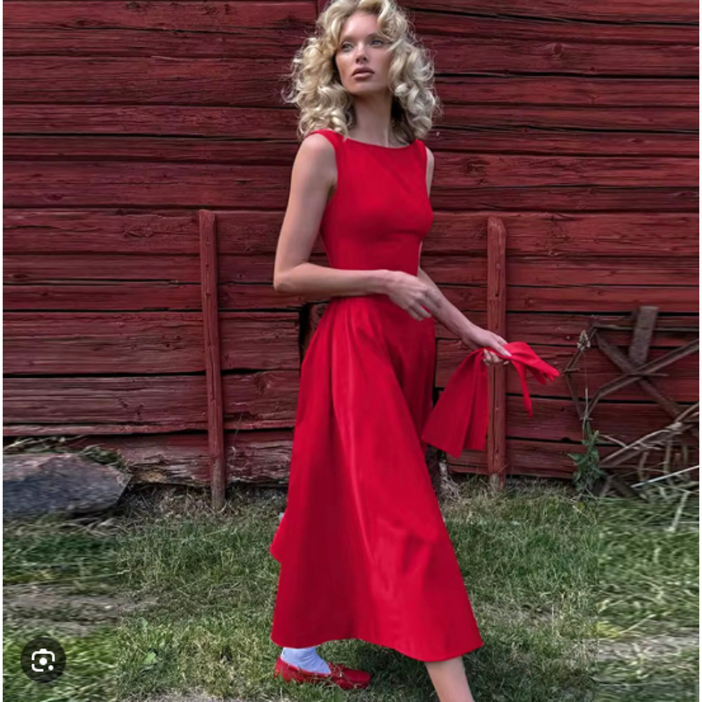 Helsa Red Stretch Cotton Sateen Midi Dress - Picture 4 of 12